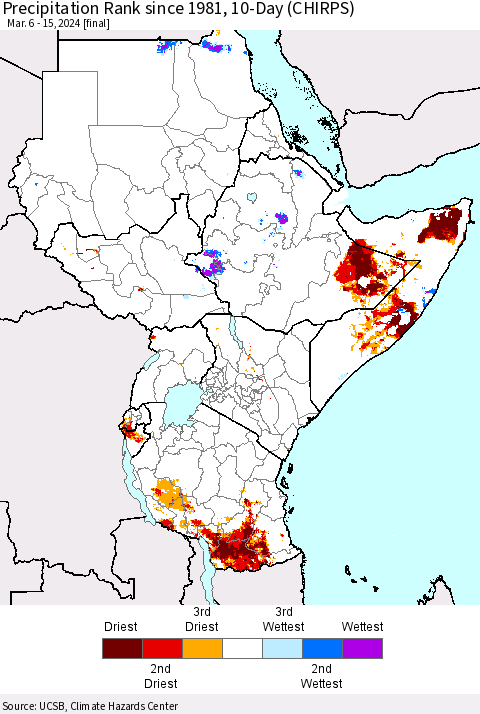 Eastern Africa Precipitation Rank since 1981, 10-Day (CHIRPS) Thematic Map For 3/6/2024 - 3/15/2024