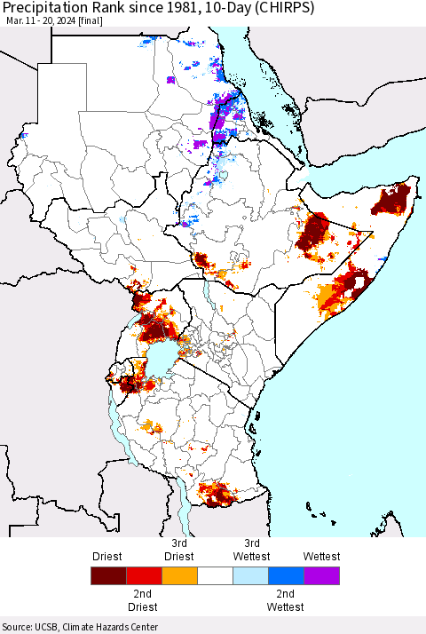 Eastern Africa Precipitation Rank since 1981, 10-Day (CHIRPS) Thematic Map For 3/11/2024 - 3/20/2024