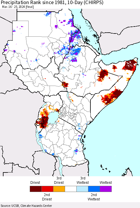 Eastern Africa Precipitation Rank since 1981, 10-Day (CHIRPS) Thematic Map For 3/16/2024 - 3/25/2024