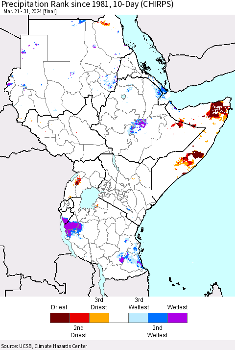 Eastern Africa Precipitation Rank since 1981, 10-Day (CHIRPS) Thematic Map For 3/21/2024 - 3/31/2024