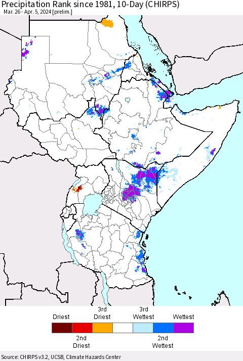 Eastern Africa Precipitation Rank since 1981, 10-Day (CHIRPS) Thematic Map For 3/26/2024 - 4/5/2024