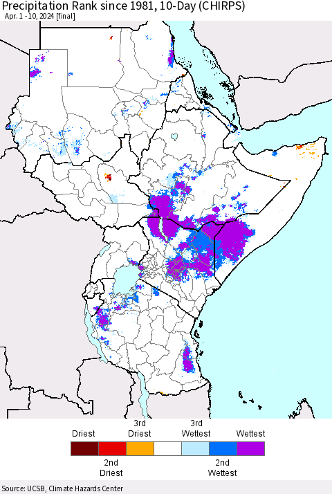 Eastern Africa Precipitation Rank since 1981, 10-Day (CHIRPS) Thematic Map For 4/1/2024 - 4/10/2024