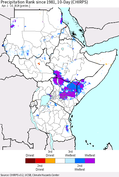 Eastern Africa Precipitation Rank since 1981, 10-Day (CHIRPS) Thematic Map For 4/1/2024 - 4/10/2024