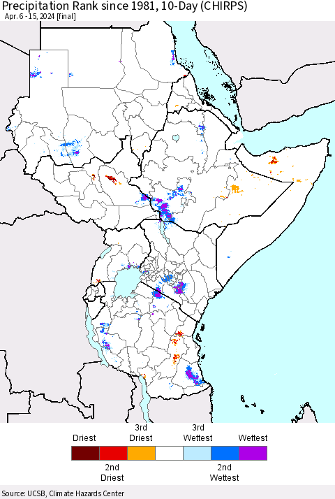 Eastern Africa Precipitation Rank since 1981, 10-Day (CHIRPS) Thematic Map For 4/6/2024 - 4/15/2024