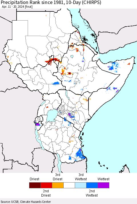 Eastern Africa Precipitation Rank since 1981, 10-Day (CHIRPS) Thematic Map For 4/11/2024 - 4/20/2024