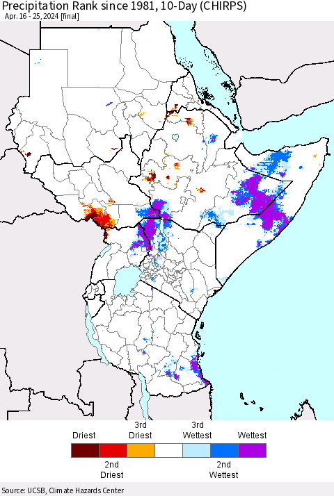 Eastern Africa Precipitation Rank since 1981, 10-Day (CHIRPS) Thematic Map For 4/16/2024 - 4/25/2024