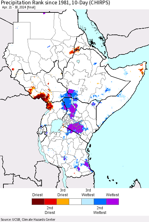 Eastern Africa Precipitation Rank since 1981, 10-Day (CHIRPS) Thematic Map For 4/21/2024 - 4/30/2024