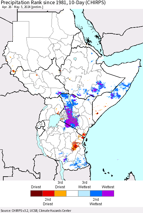 Eastern Africa Precipitation Rank since 1981, 10-Day (CHIRPS) Thematic Map For 4/26/2024 - 5/5/2024