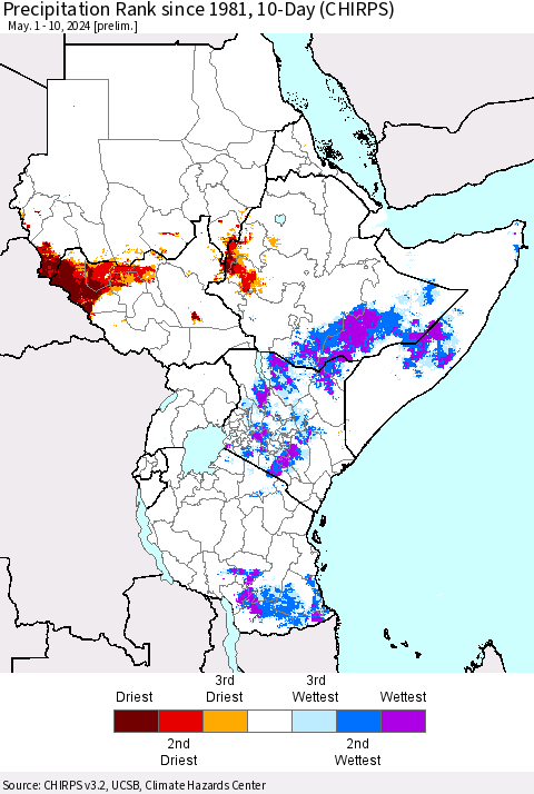 Eastern Africa Precipitation Rank since 1981, 10-Day (CHIRPS) Thematic Map For 5/1/2024 - 5/10/2024