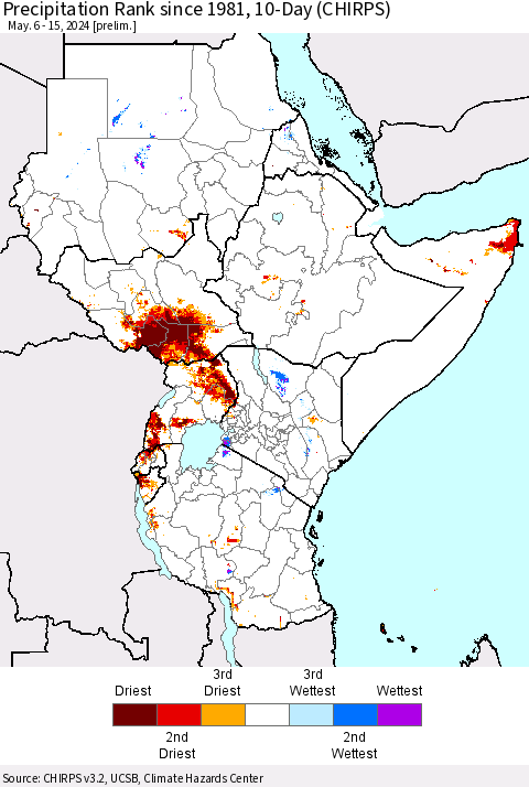 Eastern Africa Precipitation Rank since 1981, 10-Day (CHIRPS) Thematic Map For 5/6/2024 - 5/15/2024