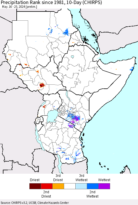 Eastern Africa Precipitation Rank since 1981, 10-Day (CHIRPS) Thematic Map For 5/16/2024 - 5/25/2024