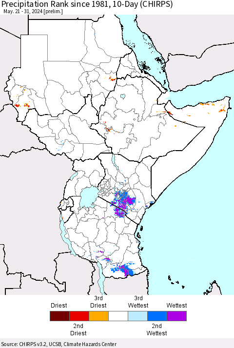Eastern Africa Precipitation Rank since 1981, 10-Day (CHIRPS) Thematic Map For 5/21/2024 - 5/31/2024