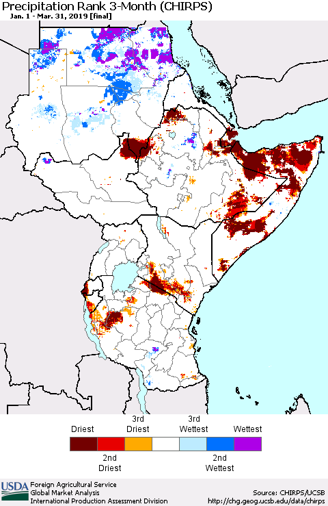 Eastern Africa Precipitation Rank since 1981, 3-Month (CHIRPS) Thematic Map For 1/1/2019 - 3/31/2019