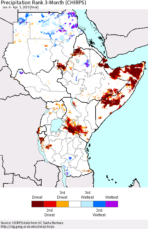 Eastern Africa Precipitation Rank since 1981, 3-Month (CHIRPS) Thematic Map For 1/6/2019 - 4/5/2019