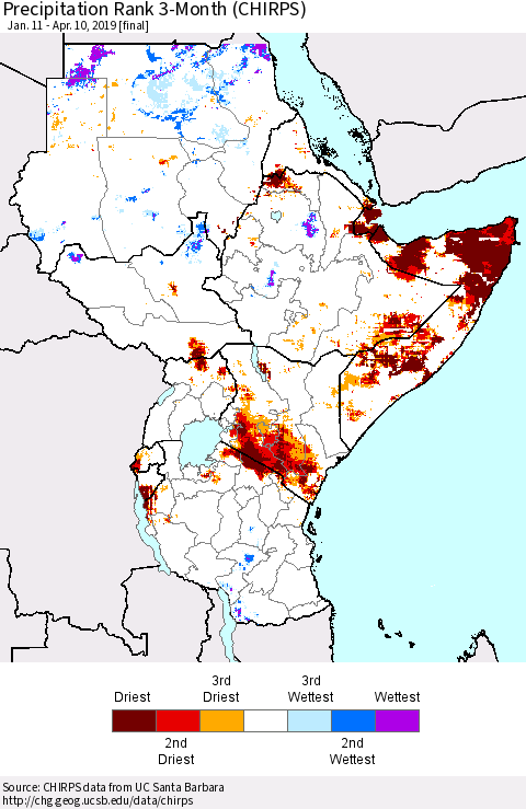 Eastern Africa Precipitation Rank since 1981, 3-Month (CHIRPS) Thematic Map For 1/11/2019 - 4/10/2019