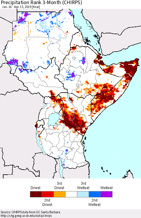 Eastern Africa Precipitation Rank since 1981, 3-Month (CHIRPS) Thematic Map For 1/16/2019 - 4/15/2019