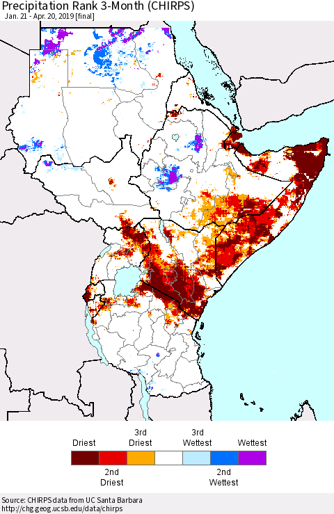 Eastern Africa Precipitation Rank since 1981, 3-Month (CHIRPS) Thematic Map For 1/21/2019 - 4/20/2019