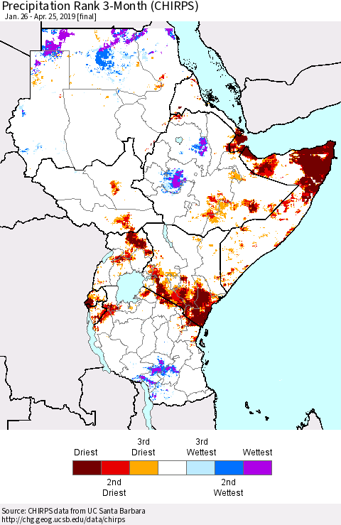 Eastern Africa Precipitation Rank since 1981, 3-Month (CHIRPS) Thematic Map For 1/26/2019 - 4/25/2019