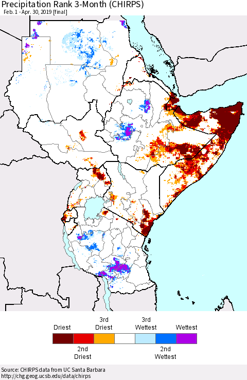 Eastern Africa Precipitation Rank since 1981, 3-Month (CHIRPS) Thematic Map For 2/1/2019 - 4/30/2019