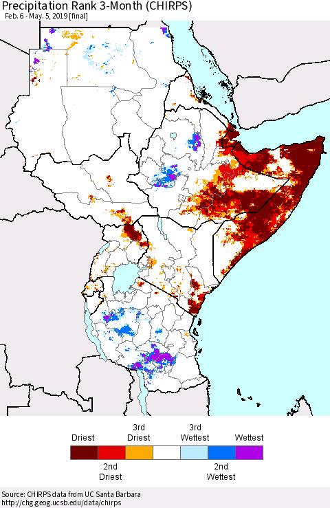 Eastern Africa Precipitation Rank since 1981, 3-Month (CHIRPS) Thematic Map For 2/6/2019 - 5/5/2019