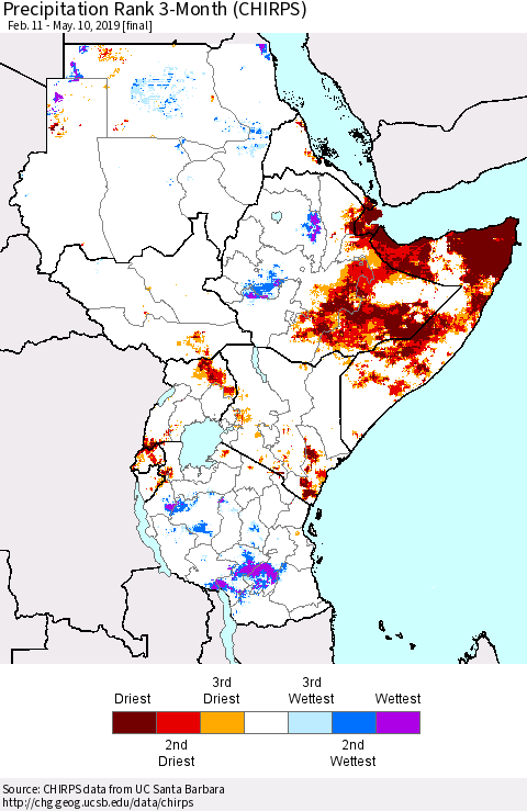 Eastern Africa Precipitation Rank since 1981, 3-Month (CHIRPS) Thematic Map For 2/11/2019 - 5/10/2019