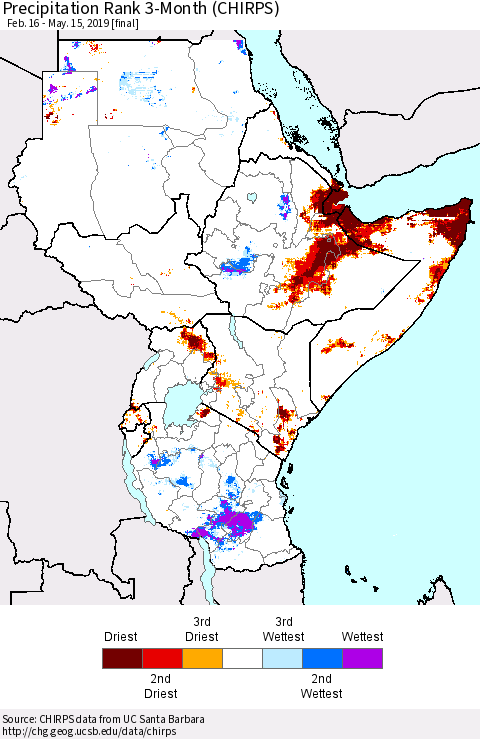 Eastern Africa Precipitation Rank since 1981, 3-Month (CHIRPS) Thematic Map For 2/16/2019 - 5/15/2019