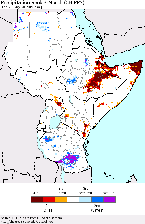 Eastern Africa Precipitation Rank since 1981, 3-Month (CHIRPS) Thematic Map For 2/21/2019 - 5/20/2019