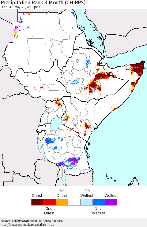 Eastern Africa Precipitation Rank since 1981, 3-Month (CHIRPS) Thematic Map For 2/26/2019 - 5/25/2019