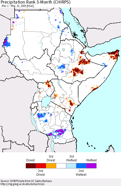 Eastern Africa Precipitation Rank since 1981, 3-Month (CHIRPS) Thematic Map For 3/1/2019 - 5/31/2019