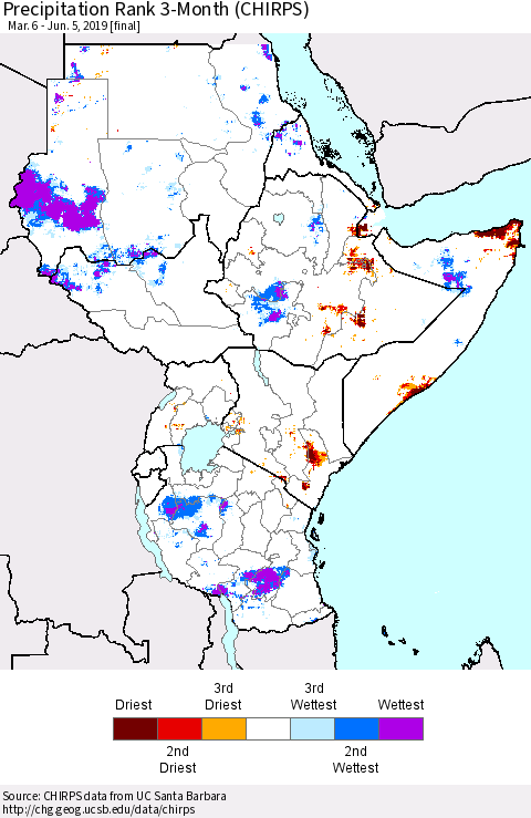 Eastern Africa Precipitation Rank since 1981, 3-Month (CHIRPS) Thematic Map For 3/6/2019 - 6/5/2019