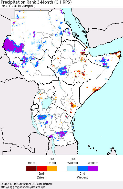 Eastern Africa Precipitation Rank since 1981, 3-Month (CHIRPS) Thematic Map For 3/11/2019 - 6/10/2019