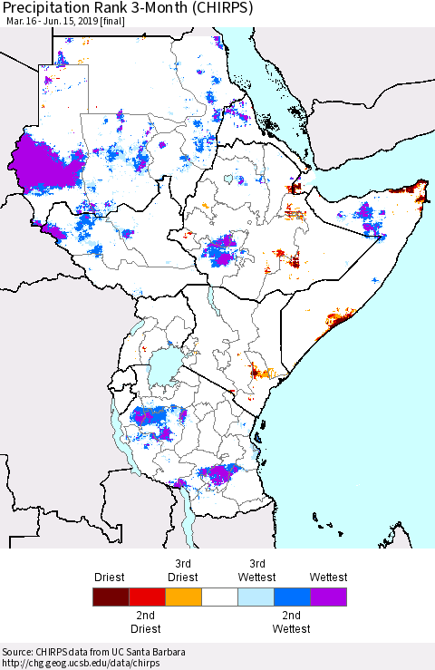 Eastern Africa Precipitation Rank since 1981, 3-Month (CHIRPS) Thematic Map For 3/16/2019 - 6/15/2019