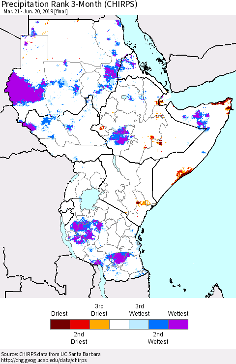Eastern Africa Precipitation Rank since 1981, 3-Month (CHIRPS) Thematic Map For 3/21/2019 - 6/20/2019