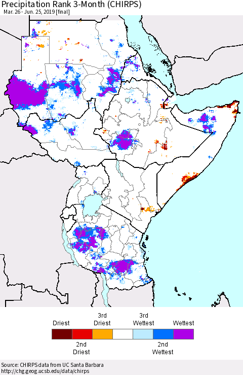 Eastern Africa Precipitation Rank since 1981, 3-Month (CHIRPS) Thematic Map For 3/26/2019 - 6/25/2019