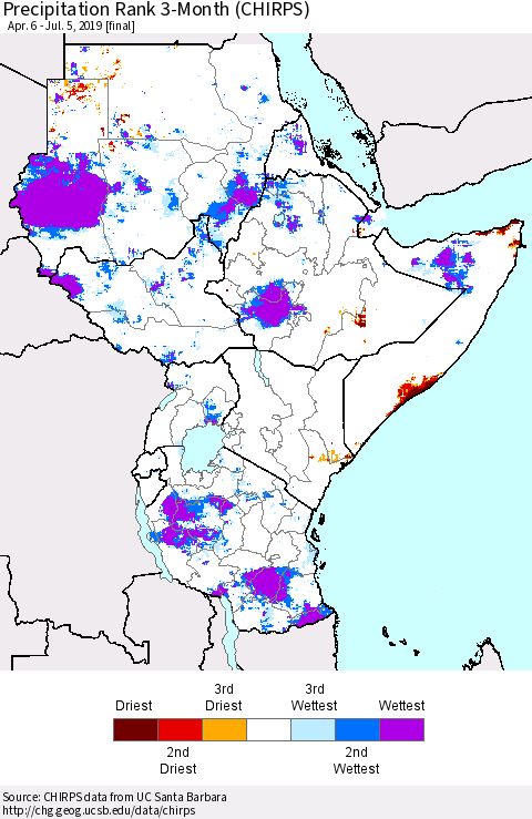 Eastern Africa Precipitation Rank since 1981, 3-Month (CHIRPS) Thematic Map For 4/6/2019 - 7/5/2019