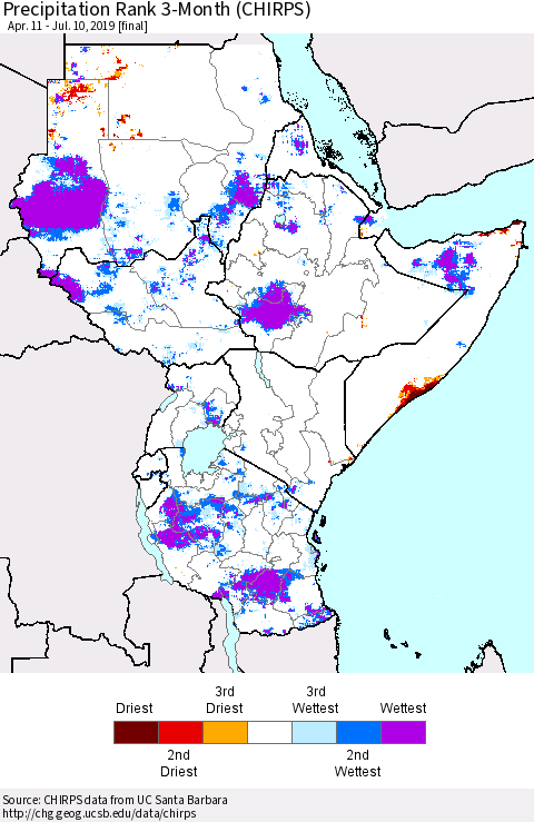 Eastern Africa Precipitation Rank since 1981, 3-Month (CHIRPS) Thematic Map For 4/11/2019 - 7/10/2019