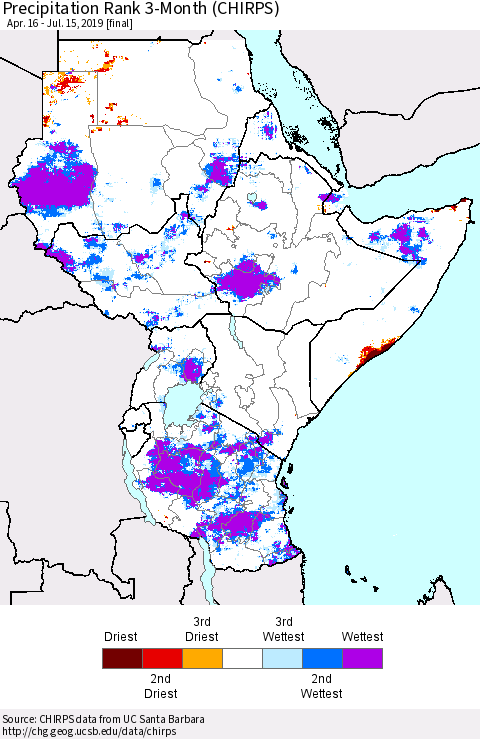 Eastern Africa Precipitation Rank since 1981, 3-Month (CHIRPS) Thematic Map For 4/16/2019 - 7/15/2019