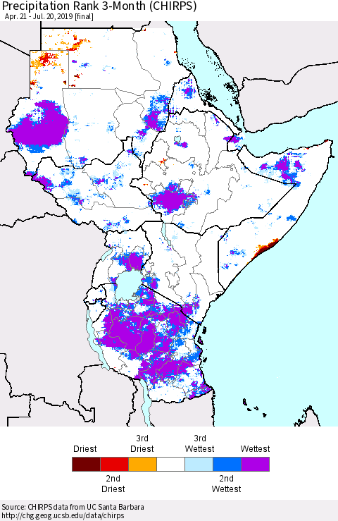 Eastern Africa Precipitation Rank since 1981, 3-Month (CHIRPS) Thematic Map For 4/21/2019 - 7/20/2019