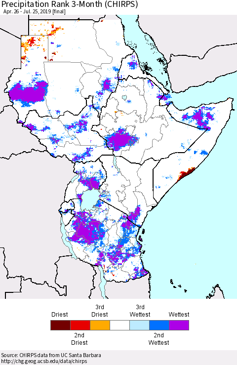 Eastern Africa Precipitation Rank since 1981, 3-Month (CHIRPS) Thematic Map For 4/26/2019 - 7/25/2019
