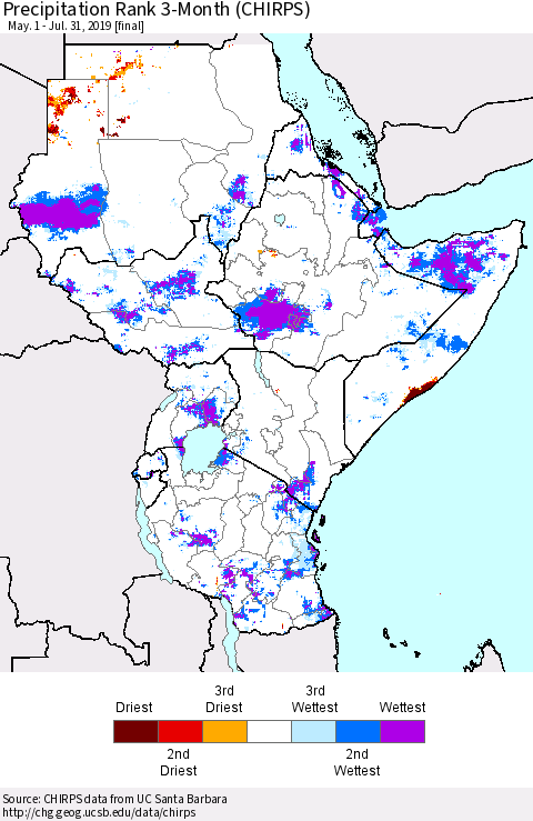 Eastern Africa Precipitation Rank since 1981, 3-Month (CHIRPS) Thematic Map For 5/1/2019 - 7/31/2019