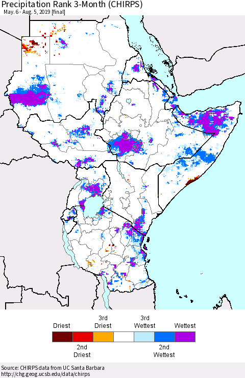 Eastern Africa Precipitation Rank since 1981, 3-Month (CHIRPS) Thematic Map For 5/6/2019 - 8/5/2019