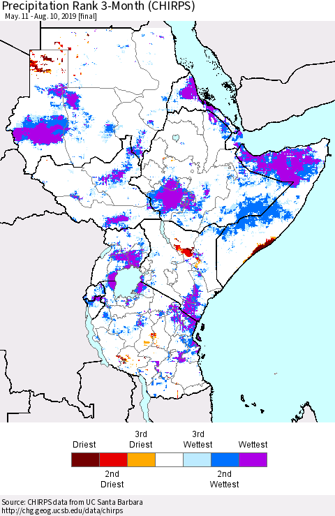 Eastern Africa Precipitation Rank since 1981, 3-Month (CHIRPS) Thematic Map For 5/11/2019 - 8/10/2019