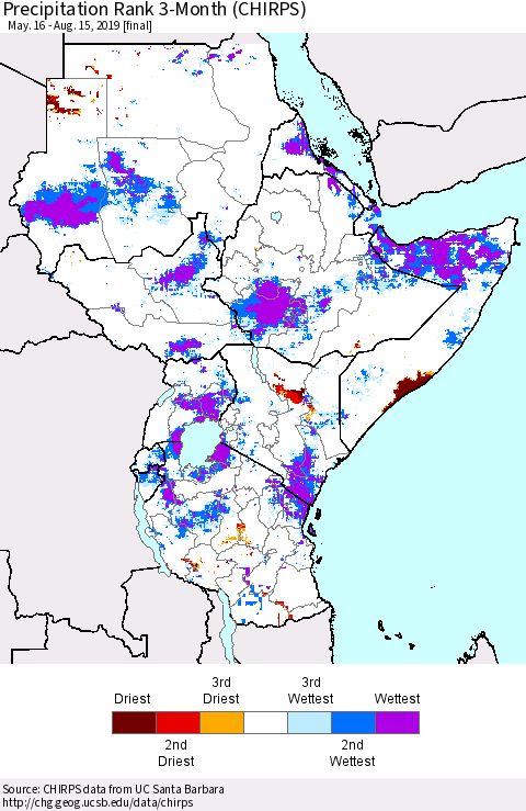 Eastern Africa Precipitation Rank since 1981, 3-Month (CHIRPS) Thematic Map For 5/16/2019 - 8/15/2019