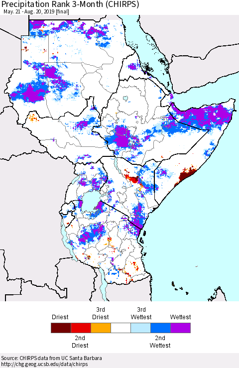 Eastern Africa Precipitation Rank since 1981, 3-Month (CHIRPS) Thematic Map For 5/21/2019 - 8/20/2019