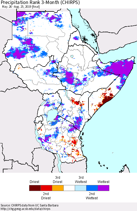 Eastern Africa Precipitation Rank since 1981, 3-Month (CHIRPS) Thematic Map For 5/26/2019 - 8/25/2019