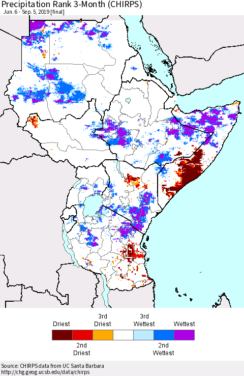 Eastern Africa Precipitation Rank since 1981, 3-Month (CHIRPS) Thematic Map For 6/6/2019 - 9/5/2019