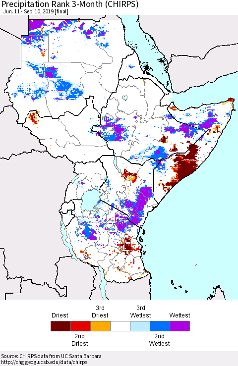Eastern Africa Precipitation Rank since 1981, 3-Month (CHIRPS) Thematic Map For 6/11/2019 - 9/10/2019