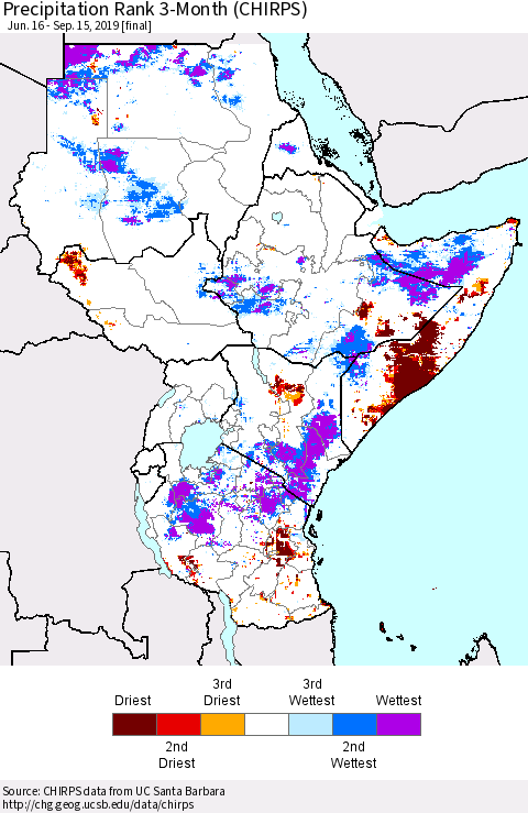 Eastern Africa Precipitation Rank since 1981, 3-Month (CHIRPS) Thematic Map For 6/16/2019 - 9/15/2019
