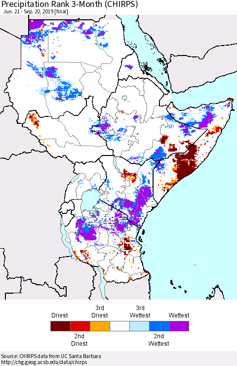 Eastern Africa Precipitation Rank since 1981, 3-Month (CHIRPS) Thematic Map For 6/21/2019 - 9/20/2019