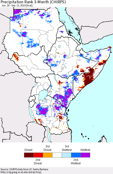 Eastern Africa Precipitation Rank since 1981, 3-Month (CHIRPS) Thematic Map For 6/26/2019 - 9/25/2019